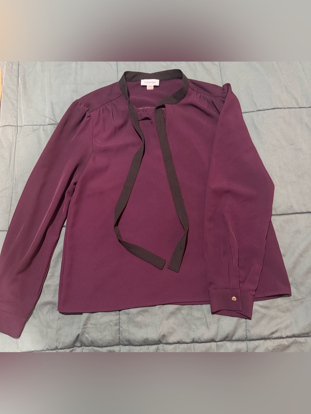 Calvin Klein Plum Tie-Neck Blouse with Black Trim